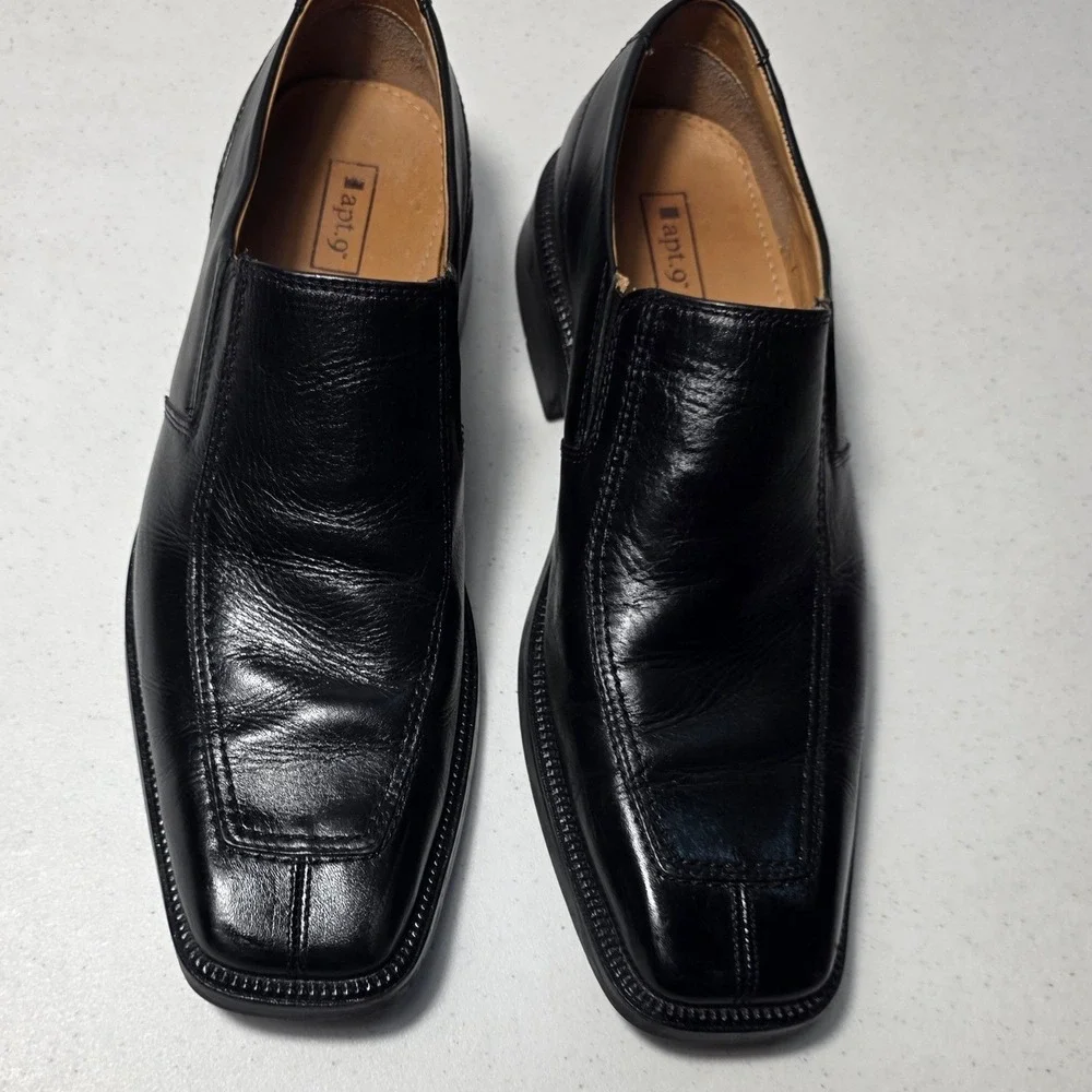Apt 9 Mens Black Leather Square Bicycle Toe Slip On Dress Loafers Shoes